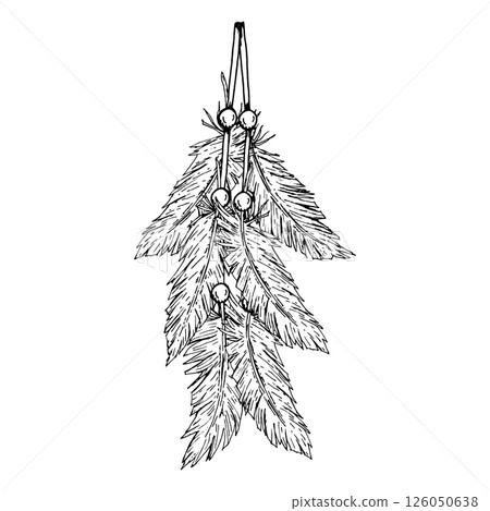 Vector illustration of six hanging feathers with beads, in black and white ink style. Esoteric ethnic decoration inspired by dreamcatchers, used in rituals, interiors, crafts, and spiritual design. Vector illustration of six hanging feathers with beads, in black and white ink style. Esoteric ethnic decoration inspired by dreamcatchers, used in rituals, interiors, crafts, and spiritual design. 126050638