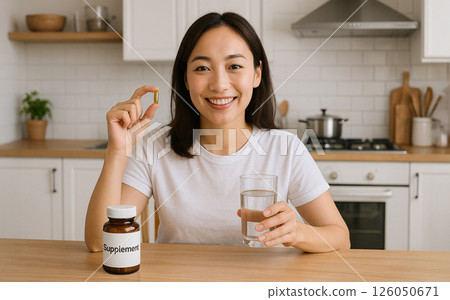 微笑的女人在家中廚房用水服用營養補充劑,體現了健康和日常自我照顧。 微笑的女人在家中廚房用水服用營養補充劑,體現了健康和日常自我照顧。 126050671