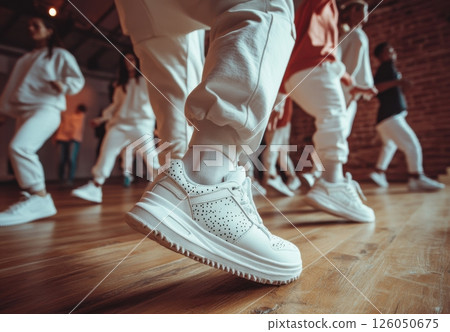 A lively hip-hop dance battle unfolds in a studio with a brick wall, showcasing feet in stylish white sneakers on a polished wooden floor as participants move to the beat of disco music. 126050675