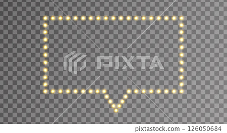 Light gold frame. Golden bulb border. Glitter luxury decoration. Lamp circle, square banner. Retro neon wall billboard. Cinema, casino design element. Mirror background. Vector illustration 126050684