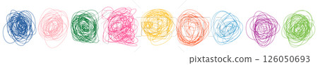 Colorful tangled vector scribble shapes, messy chaotic doodle scrawls for designs for kids and school graphics 126050693