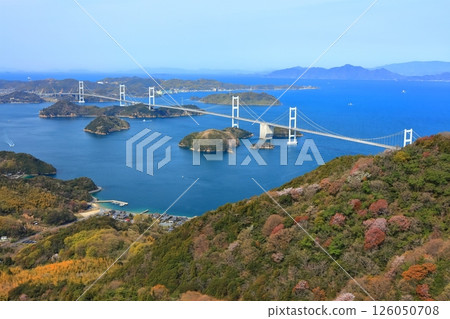 【愛媛縣】春天櫻花盛開時，從岐山展望台眺望來島海峽大橋（島波街道） 126050708