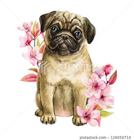 Cute Watercolor Pug Puppy Sitting with Pink Cherry Blossoms, Adorable Dog Clipart for Nursery Decor, Greeting Cards, Prints 126050718
