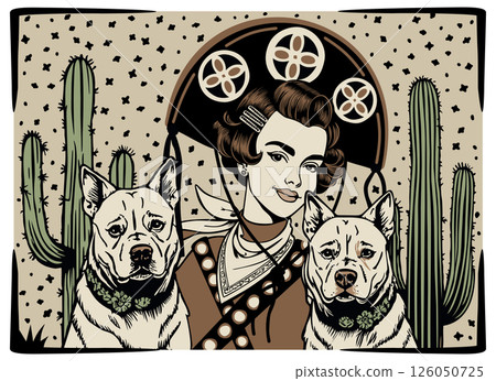 Woman in cangaceiro hat with two dogs. Northeast Brazil folklore. Vector illustration. Brazilian cordel 126050725