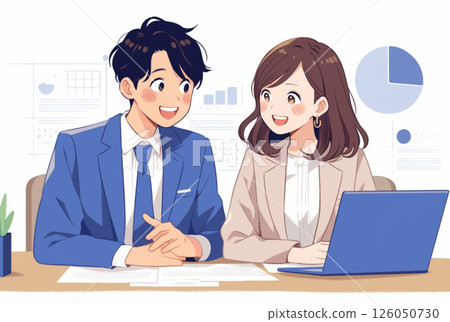 Male and female business people in suits discussing company performance_Illustration 2 126050730