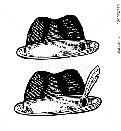 Hunter hat with feather. Vintage black engraving illustration. Isolated on white 126050750