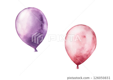 Foil red and purple balloons. Watercolor pastel cotton candy. Hand drawn illustration isolated on background, transparent png. Cartoon illustration. Baby shower design elements. Party invitation Foil red and purple balloons. Watercolor pastel cotton candy. Hand drawn illustration isolated on background, transparent png. Cartoon illustration. Baby shower design elements. Party invitation 126050831