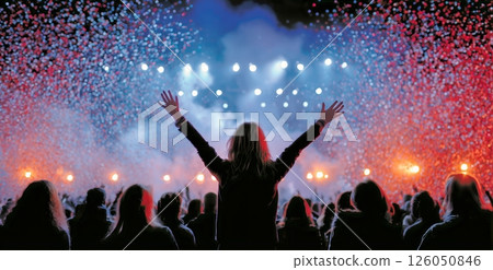 Celebration With Colorful Lights and Excited Crowd Enjoying a Nighttime Festival 126050846