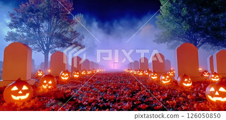 Spooky Halloween Night With Glowing Pumpkins Lining a Pathway in a Misty Graveyard 126050850