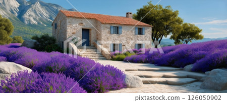 Lavender Fields Surround a Rustic Stone House in a Serene Mountain Landscape Lavender Fields Surround a Rustic Stone House in a Serene Mountain Landscape 126050902