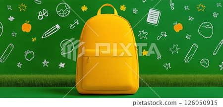 Bright Yellow Backpack Against a Vibrant Green Background With Doodles and Grass 126050915