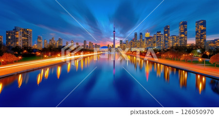Beautiful Twilight Skyline View of Toronto Overlooking the Lake With Lights Reflecting on the Water 126050970