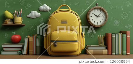 Bright Yellow Backpack With Playful Background Elements in a Vibrant Setting 126050994
