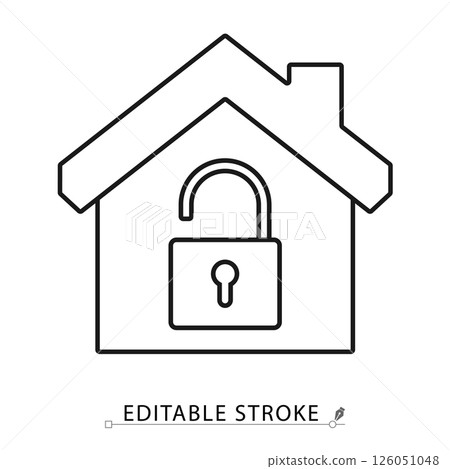 House with open padlock icon in minimal black outline style on white background. Editable stroke vector for access, smart home, privacy, property or security topics. Concept: home security. House with open padlock icon in minimal black outline style on white background. Editable stroke vector for access, smart home, privacy, property or security topics. Concept: home security. 126051048