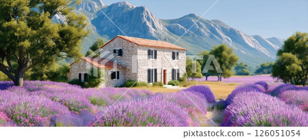 Lavender Fields Surround a Stone House in a Scenic Mountain Landscape on a Sunny Day 126051054