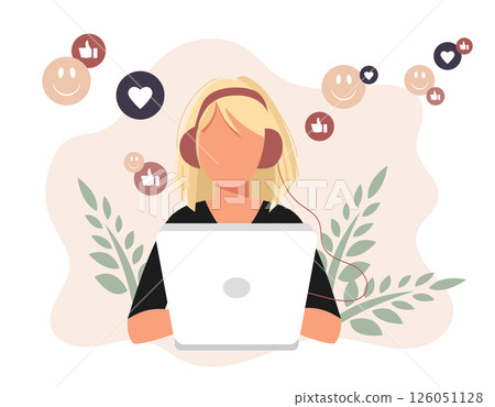 Social network. Woman using lap top for social networking. Chatting. Creative flat design for web banner, marketing material, business presentation, online advertising. Flat vector illustration Social network. Woman using lap top for social networking. Chatting. Creative flat design for web banner, marketing material, business presentation, online advertising. Flat vector illustration 126051128