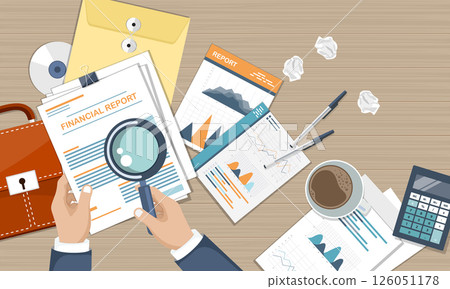 Business report. Financial report. Accounting, research, data analysis, audit, calculation. Business work desk, office, workplace. Flat vector illustration	 126051178