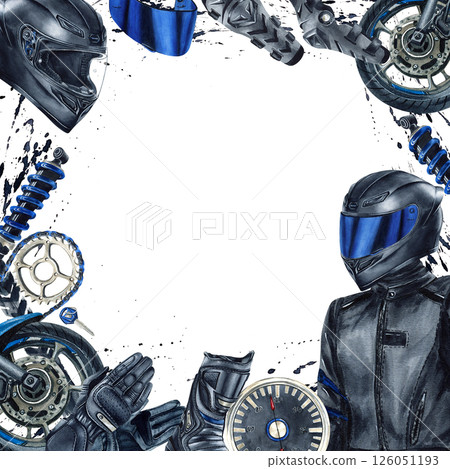 Motorcyclist in helmet, template with moto clothing. Moto wheel, chain and shock absorber. Clothes, gear and equipment. Watercolor illustration frame isolated from background on black spray splatters Motorcyclist in helmet, template with moto clothing. Moto wheel, chain and shock absorber. Clothes, gear and equipment. Watercolor illustration frame isolated from background on black spray splatters 126051193