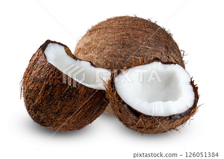 ripe coconut split in half on white background ripe coconut split in half on white background 126051384