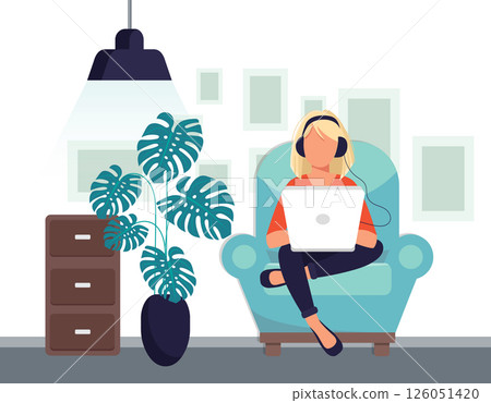 Home office concept, person working from home, student or freelancer. Vector illustration in flat style 126051420