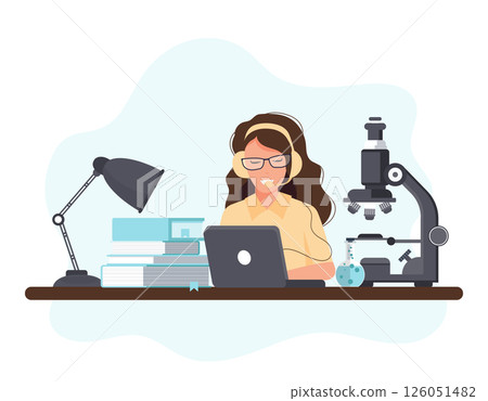 Woman with laptop, education or working concept. Table with books, lamp, coffee cup. Vector illustration in flat style	 Woman with laptop, education or working concept. Table with books, lamp, coffee cup. Vector illustration in flat style	 126051482