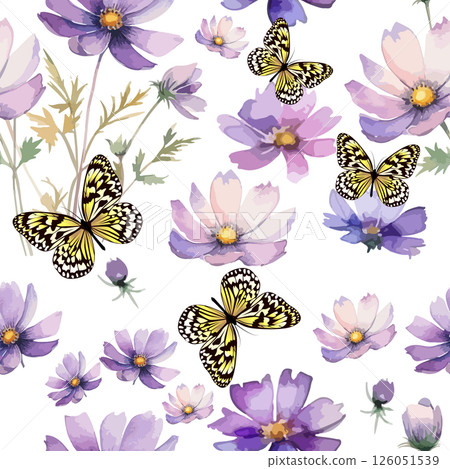 Hand drawn purple cosmos flower with butterflies seamless pattern. Exotic floral pattern design for fabric, textiles, clothing. Seamless background with purple cosmos flowers. Not AI, Vector 126051539