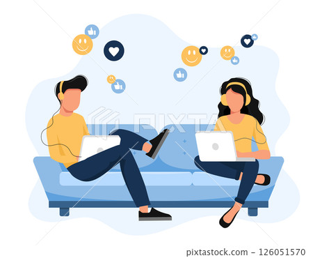 Social network. People using lap top for social networking. Chatting. Creative flat design for web banner, marketing material, business presentation, online advertising. Flat vector illustration	 126051570