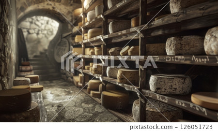 Cheese Wheel Aging In A Cellar 126051723