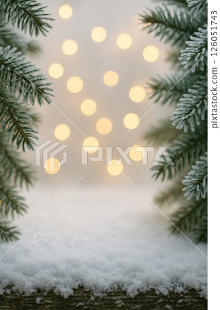 Winter Wonderland With Frosted Pine Branches and Glowing Bokeh Lights in a Snowy Setting 126051743