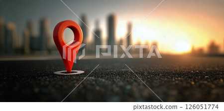 Urban Landscape Featuring a Red Location Pin at Sunset 126051774