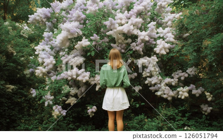 Young Woman Admires Blooming Lilac Flowers in a Lush Garden During Springtime Afternoon 126051794