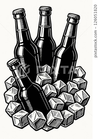 Bottles of Beer Nestled Among Ice Cubes in a Vintage Design Illustration 126051820