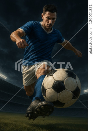 Dynamic Soccer Player Kicking the Ball on a Dark Stadium Field During a Night Match 126051821