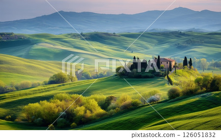 Rolling Green Hills Surround a Tranquil Countryside Villa at Sunrise in Tuscany 126051832