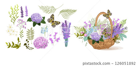 Basket with flowers. Set of flowers. hand drawn. Not AI, Vector illustration Basket with flowers. Set of flowers. hand drawn. Not AI, Vector illustration 126051892