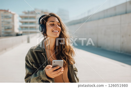 Young Woman Enjoying Music on a Sunny Day While Walking Outdoors in a Modern Urban Setting 126051980