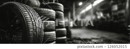 Stacked Tires in a Dimly Lit Storage Area Showcasing Industry Elements 126052015