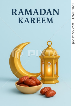 Celebrate Eid With Symbol of Lantern and Dates Under Crescent Moon at Evening Sky 126052029