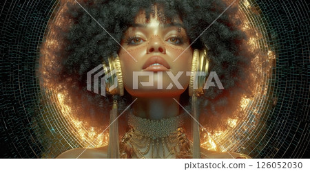 Captivating Portrait of a Woman With a Striking Hairstyle and Headphones Set Against a Radiant Background 126052030