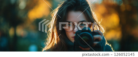 Person Capturing Moment With Camera in Outdoor Setting During Golden Hour 126052145