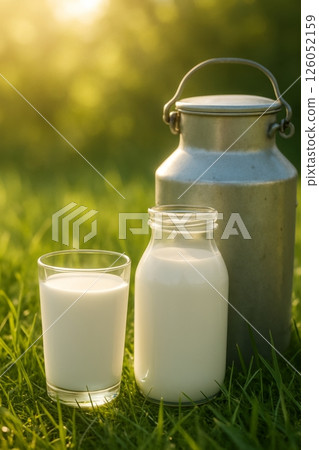 Milk in Glass and Jar Beside Metal Container on Green Grass During Sunny Afternoon Milk in Glass and Jar Beside Metal Container on Green Grass During Sunny Afternoon 126052159