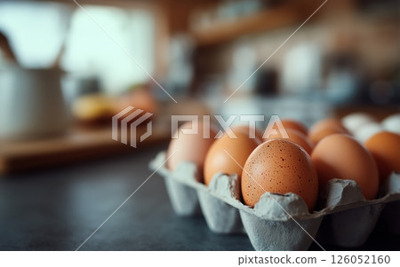 Fresh Brown Eggs Displayed in Carton on Rustic Kitchen Counter in Morning Light Near Wooden Utensils Fresh Brown Eggs Displayed in Carton on Rustic Kitchen Counter in Morning Light Near Wooden Utensils 126052160