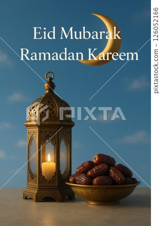 Celebrate Eid With Symbol of Lantern and Dates Under Crescent Moon at Evening Sky 126052166