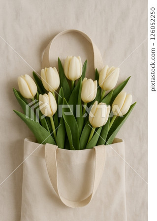 Fresh White Tulips Arranged in a Simple Bag on a Soft Background 126052250