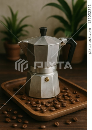 Metal Coffee Maker on Wooden Tray With Scattered Coffee Beans in a Cozy Indoor Setting 126052261