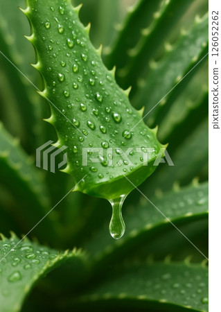 Aloe Vera Leaf Glistens With Water Droplets in a Natural Setting 126052262