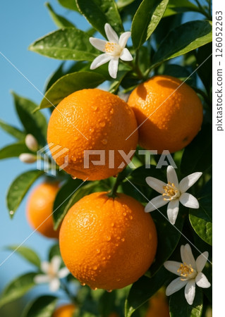 Oranges With Dew and White Blossoms on Tree in Bright Sunlight 126052263