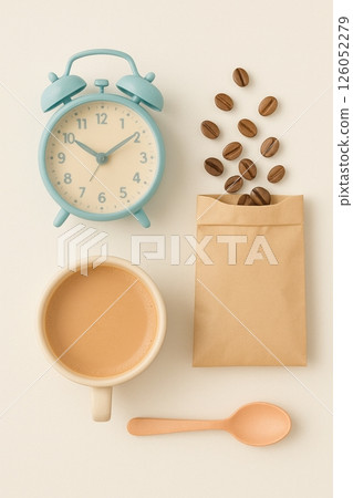 Morning Coffee Ritual With Clock, Beans, and Cup on a Simple Backdrop 126052279