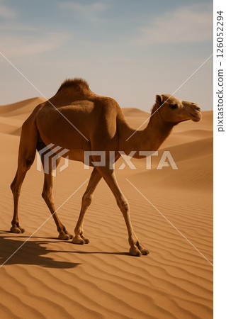 Camel Walking Across Golden Sand Dunes in a Vast Desert Under a Clear Blue Sky 126052294