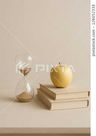 Timeless Study Ambiance With an Hourglass, Books, and a Yellow Apple on a Neutral Background 126052338